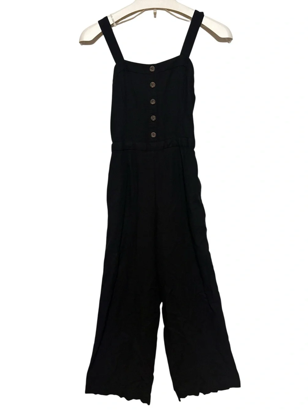 ZARA Black Linen Wide Leg Jumpsuit Button Front Square Neck Women’s XS